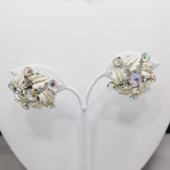 White Enamel Aurora Borealis Necklace & Earrings, Rhodium Plated, Wedding - Picture 5 of 10